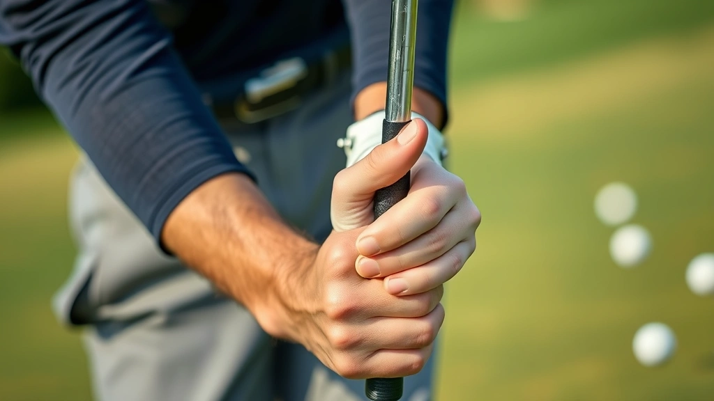 Close-up of golfer's hands on club grip showing proper hand positioning and grip pressure, outdoor range environment with blurred golf balls in background