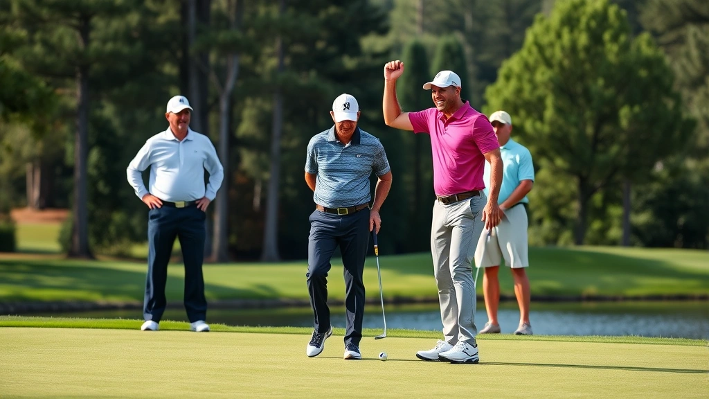 Golfer celebrating successful putt on green while others watch, showing emotional control and confidence, scenic course setting with trees and water features