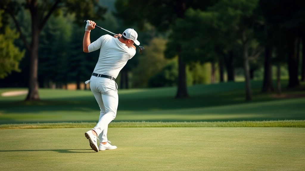 Golfer mid-swing following through on full shot, body rotation visible, professional form captured mid-motion on golf course with trees and landscape background