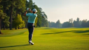 A golfer in professional stance mid-swing on a lush green fairway with trees in background, focused concentration visible, morning sunlight, photorealistic