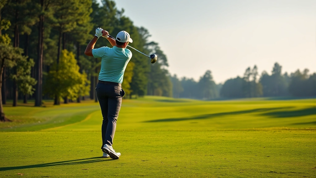 A golfer in professional stance mid-swing on a lush green fairway with trees in background, focused concentration visible, morning sunlight, photorealistic