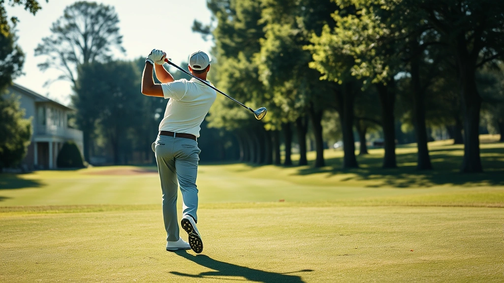 Golfer in proper stance during swing on well-manicured fairway with trees lining the hole, bright daylight, professional form captured mid-downswing