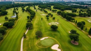 Aerial view of a well-maintained urban golf course with manicured fairways, tree-lined holes, and green complexes, showing the integration of golf within an urban park setting with city skyline visible in the distance