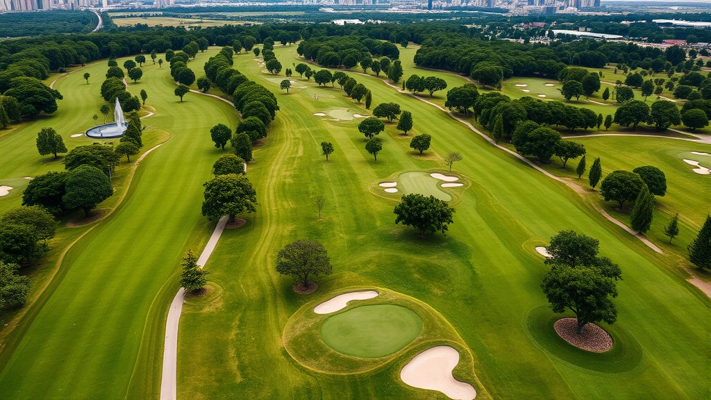 Aerial view of a well-maintained urban golf course with manicured fairways, tree-lined holes, and green complexes, showing the integration of golf within an urban park setting with city skyline visible in the distance