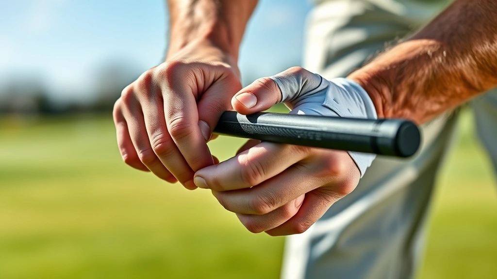 Close-up of golfer's hands demonstrating proper grip technique on club, professional instruction setting, hands only, clear detail, photorealistic