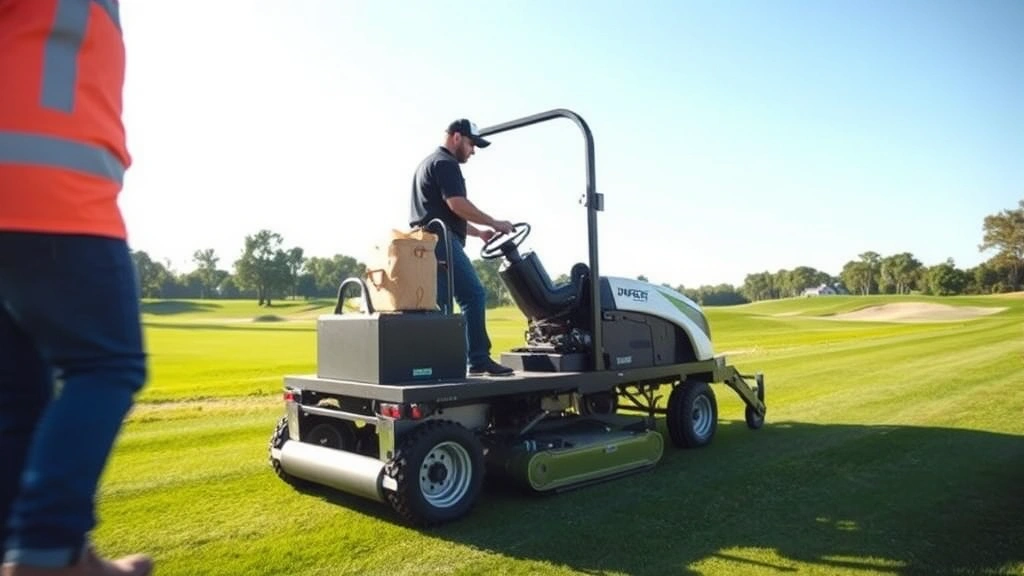 Professional groundskeeper operating modern golf course maintenance equipment on a fairway, demonstrating turf management and course upkeep with specialized machinery and sustainable practices