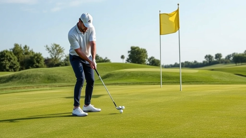 Golfer practicing short game on practice green with multiple balls, chipping toward flag, concentration and dedication visible, daytime setting, photorealistic