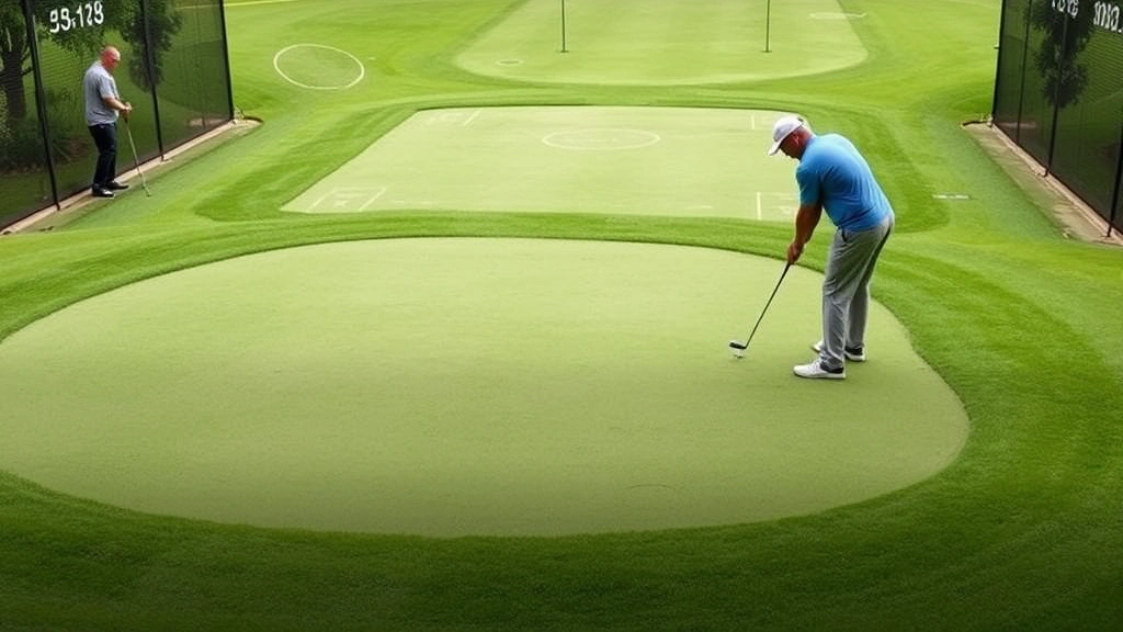 Putting green practice area with golfer analyzing slope, multiple practice targets visible, short grass conditions, professional training environment with natural lighting