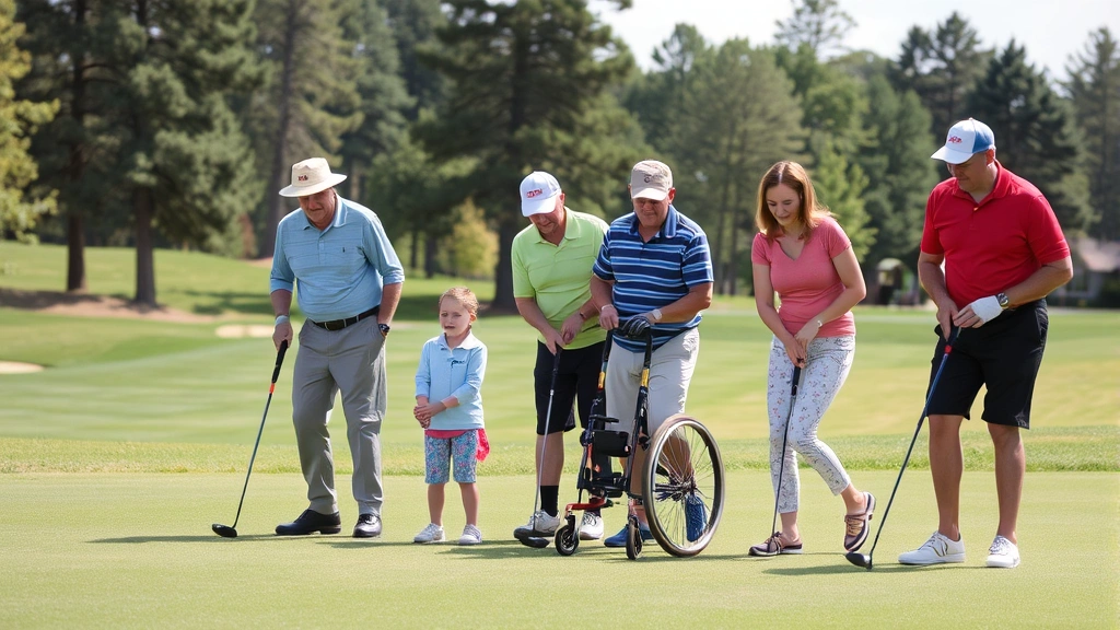 Diverse group of golfers of various ages and backgrounds playing together on a municipal golf course, showing family recreation, accessibility, and inclusive community participation in golf