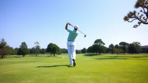 Professional golfer mid-swing on fairway with manicured grass, trees framing the hole, clear sky, natural daylight, no people in background