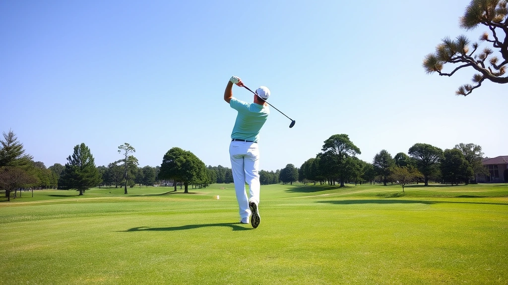 Professional golfer mid-swing on fairway with manicured grass, trees framing the hole, clear sky, natural daylight, no people in background