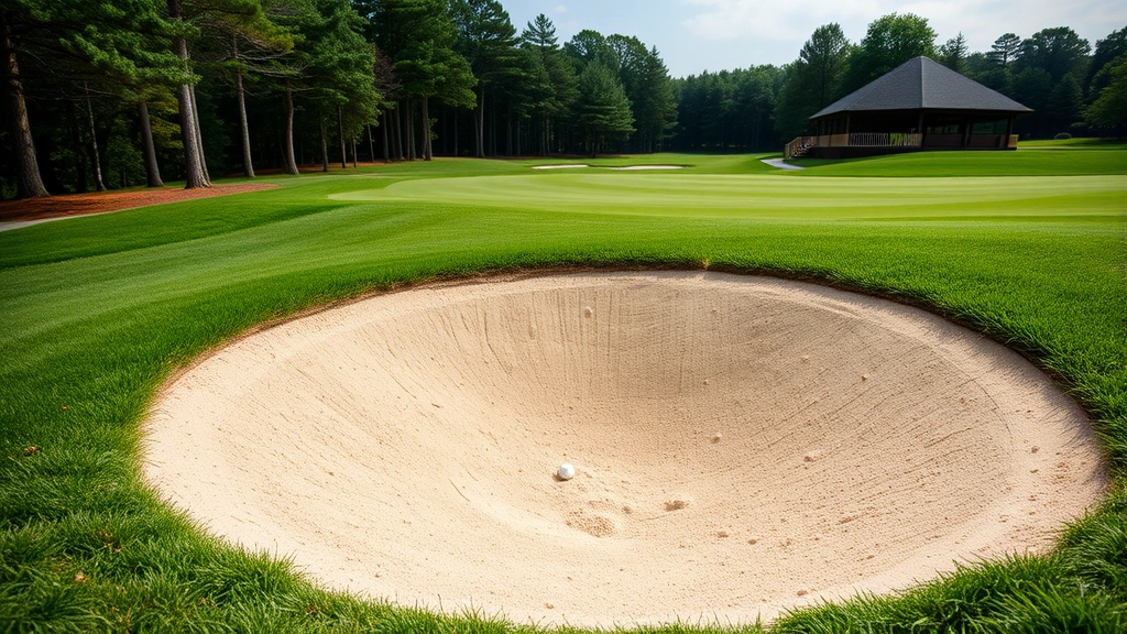 Close-up of a golf bunker with pristine sand surrounded by manicured grass and trees, showing the hazard's strategic placement relative to the fairway and green complex