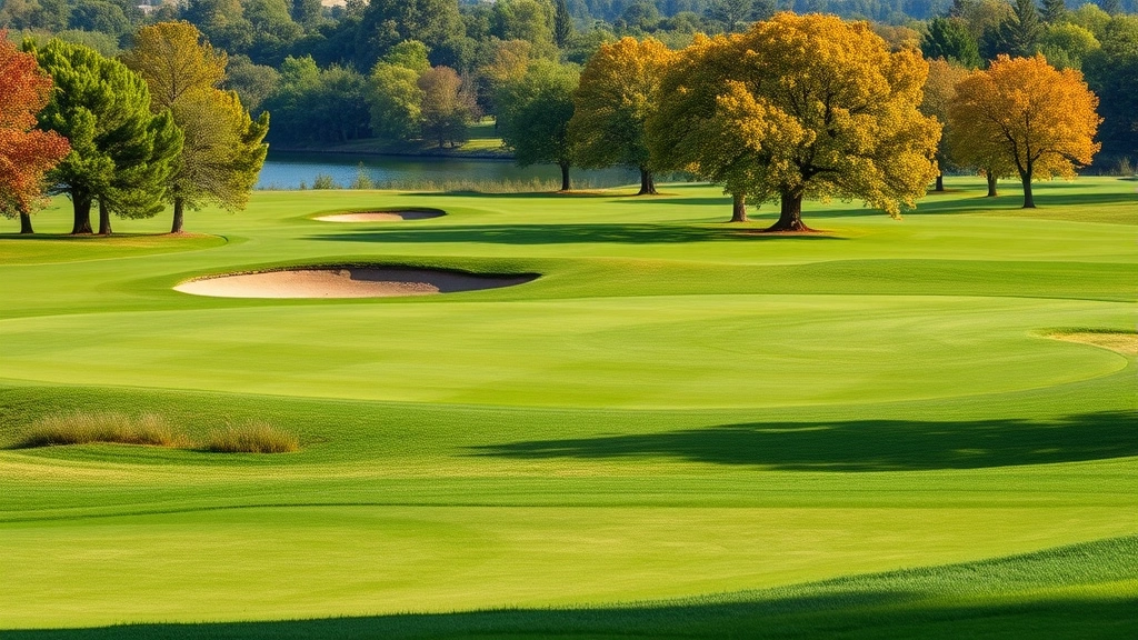Scenic golf course landscape showing rolling fairway, mature oak and maple trees, water hazard visible, well-maintained rough, professional course design
