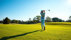 Professional golfer mid-swing on manicured fairway with lush green grass, blue sky, natural trees in background, morning sunlight creating soft shadows