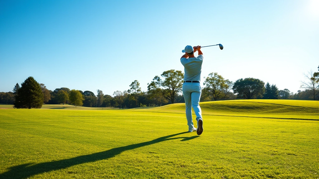 Professional golfer mid-swing on manicured fairway with lush green grass, blue sky, natural trees in background, morning sunlight creating soft shadows