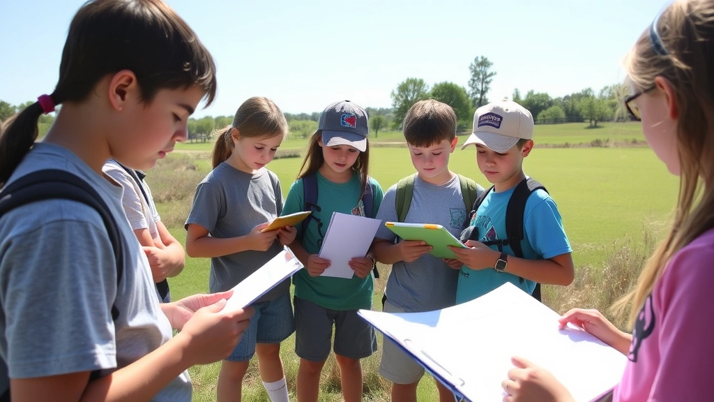 Students learning on a golf course conducting environmental science observations with clipboards and measurement tools, bright daylight, natural landscaping visible, engaged youth in educational setting