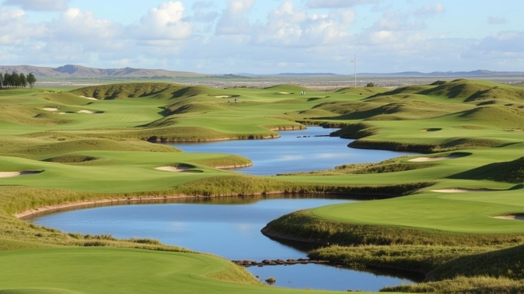 Golf course landscape showing multiple holes, rolling terrain, water hazards reflecting sky, well-maintained bunkers, scattered golfers in distance, scenic natural setting