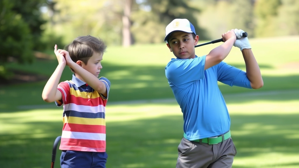 Young student practicing golf swing with instructor on well-maintained course, focused concentration, natural outdoor environment, trees and grass visible, positive mentoring interaction