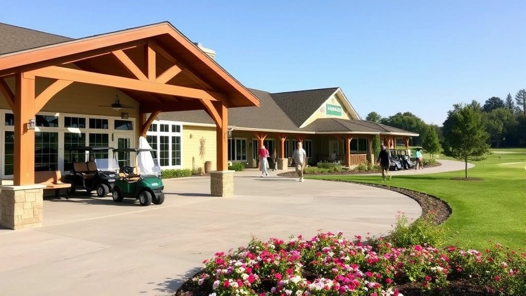 Clubhouse exterior with covered patio area, comfortable seating, golf carts parked nearby, flowering landscaping, clear day with golfers walking toward course entrance