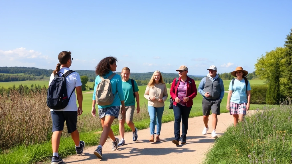 Group of diverse students walking on scenic golf course pathway during outdoor education field trip, enjoying nature, clear sky, green landscape, collaborative learning atmosphere