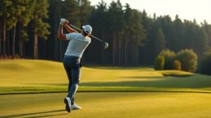 Professional golfer mid-swing on manicured fairway with forest backdrop, natural lighting, realistic course conditions