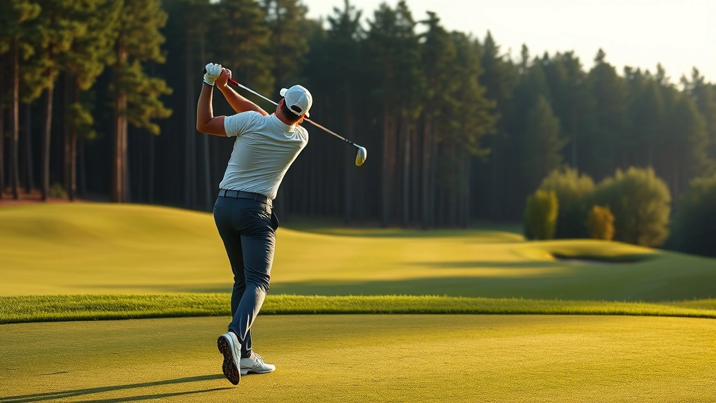 Professional golfer mid-swing on manicured fairway with forest backdrop, natural lighting, realistic course conditions