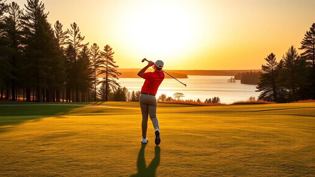 Golfer mid-swing on lush fairway with Minnesota lakes and trees in background, golden hour lighting, professional golfer wearing vibrant apparel