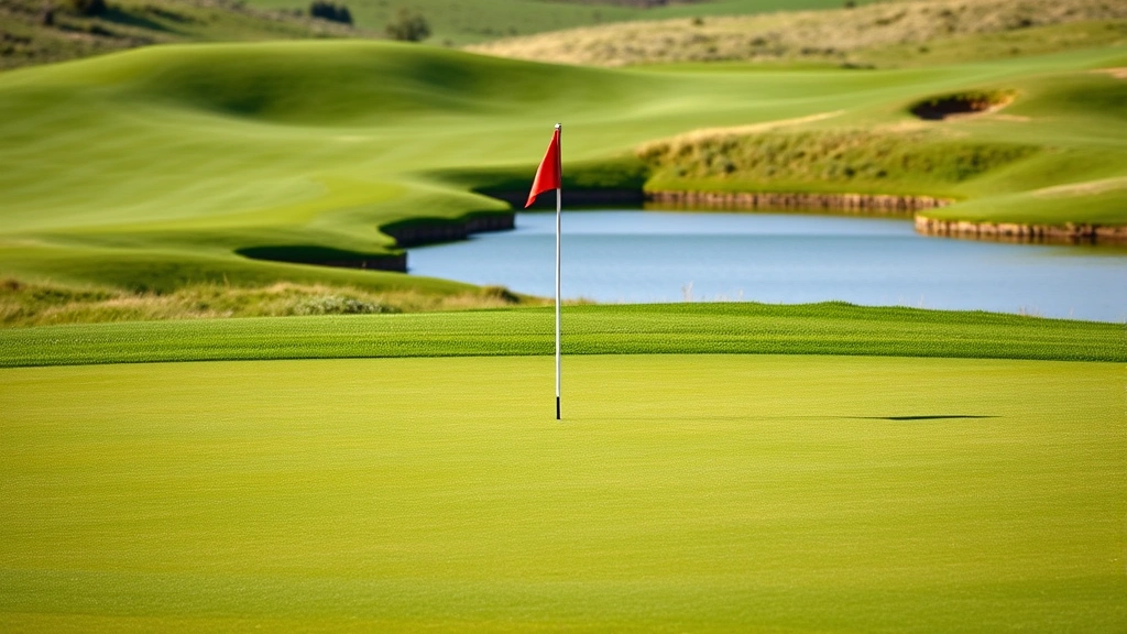 Pristine golf green with flag, undulating terrain and water hazard, manicured grass showing course maintenance excellence, natural landscape setting