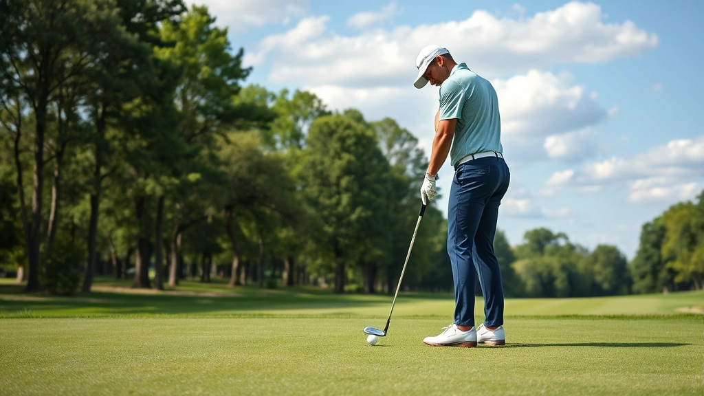 Golfer addressing ball on fairway with trees and sky visible, professional golf course setting, natural daylight
