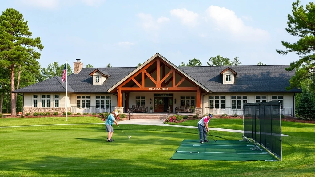 Golf course clubhouse exterior with welcoming entrance, practice range with golfers hitting balls, beautiful landscaping and facility grounds