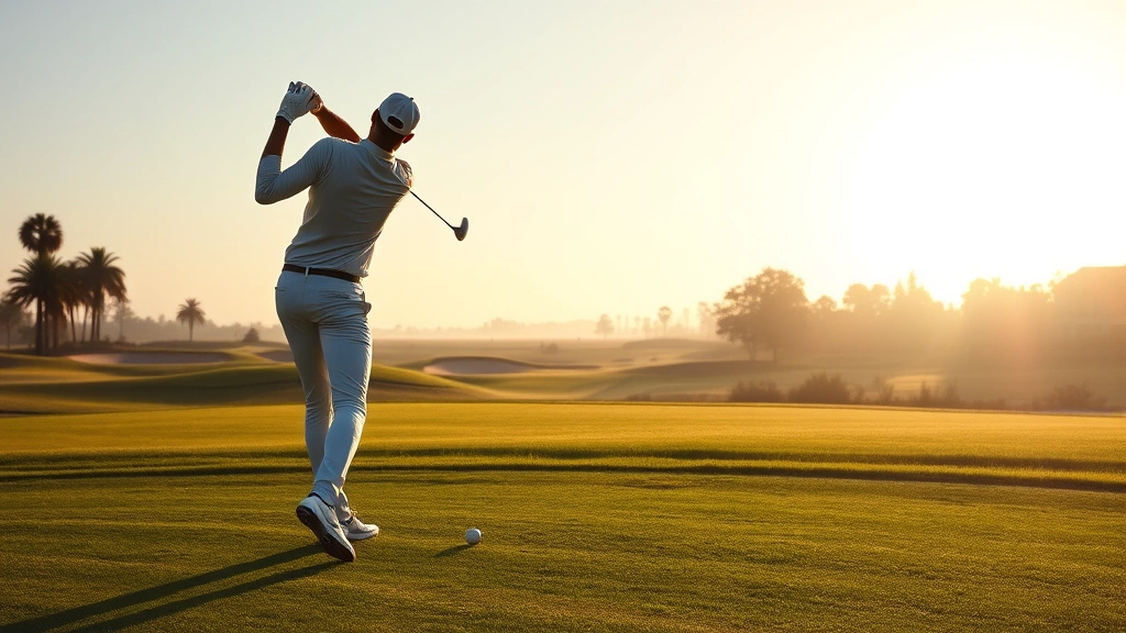 Professional golfer executing a precise tee shot on a championship golf course with manicured fairways and strategic bunkers visible in the distance, morning sunlight creating long shadows