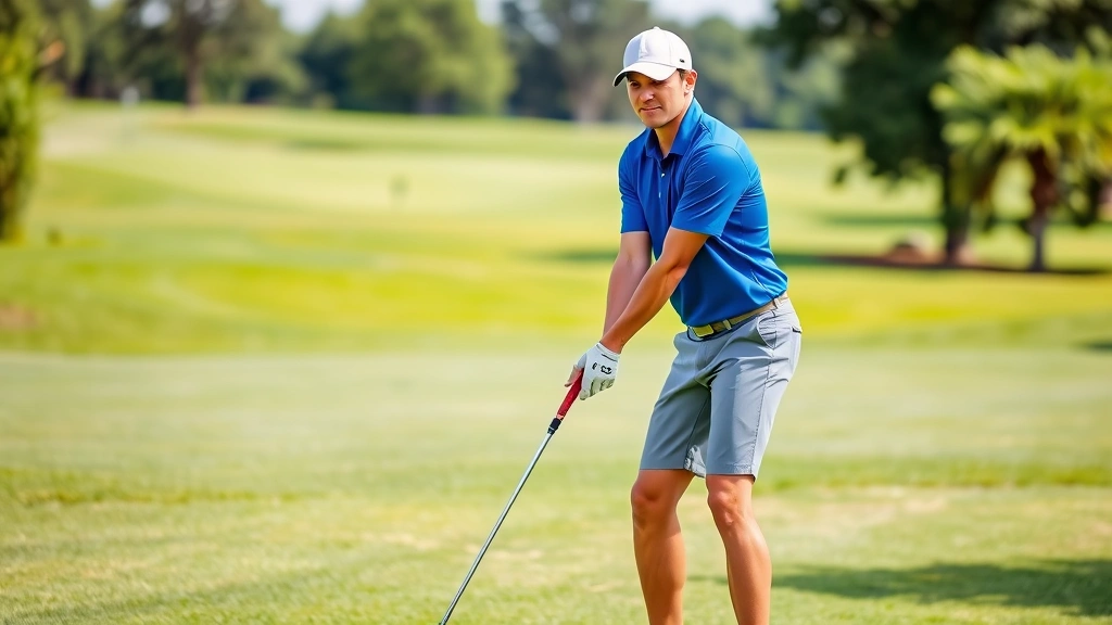 Beginner golfer in proper stance posture at tee box, focused expression, natural outdoor lighting, Houston golf course background with green fairway and trees visible
