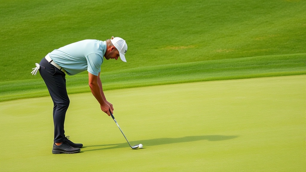 Golfer analyzing green topography and slope direction before putting, studying the green surface intently with focused concentration on a well-maintained course green