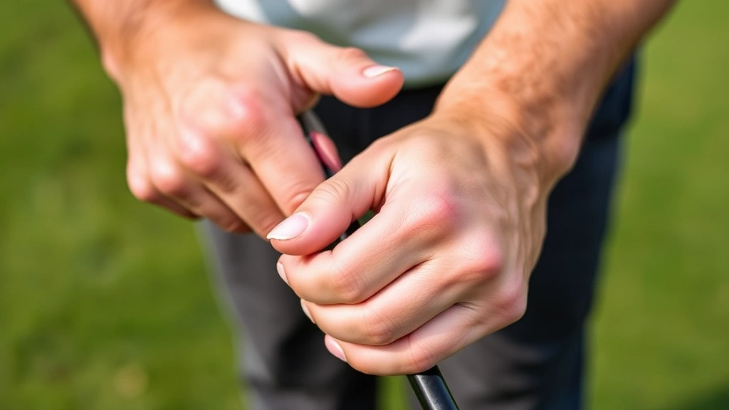 Hands close-up demonstrating correct golf grip on club, showing finger positioning and grip pressure, soft natural lighting, grass background out of focus