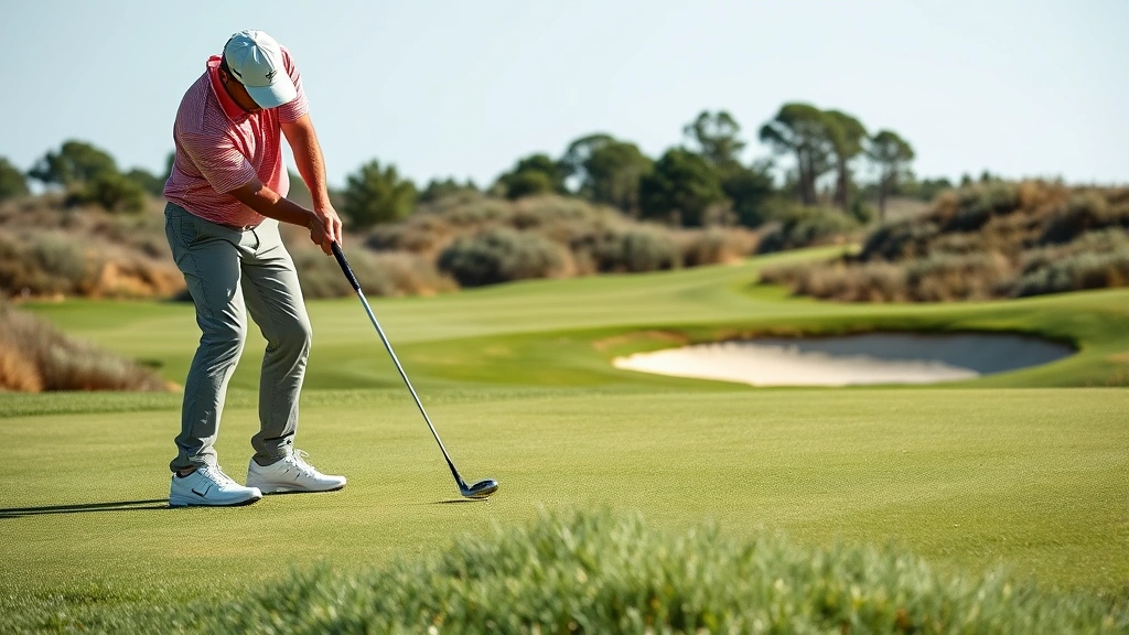 Golfer executing a delicate short game chip shot from near the green with bunkers and rough terrain visible, demonstrating touch and precision in scoring zone