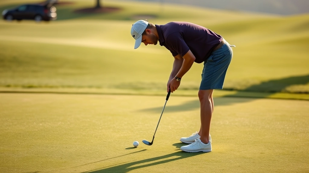 Golfer practicing short game on putting green, bent over alignment, focused concentration, manicured green with hole visible, morning sunlight creating shadows