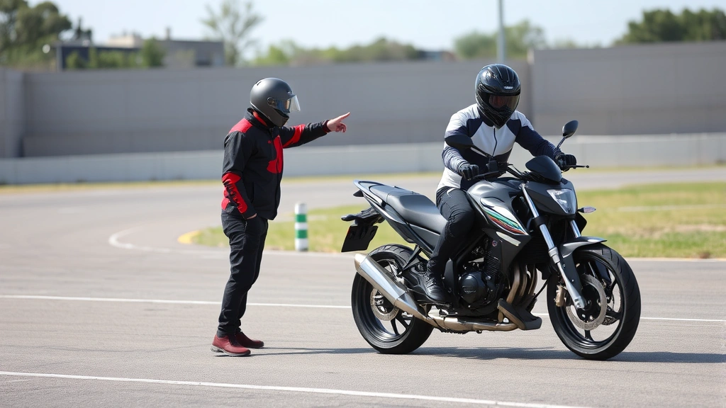 A motorcycle instructor demonstrating proper body positioning and lean angle to a student rider on a training motorcycle in a practice range facility, both wearing safety gear