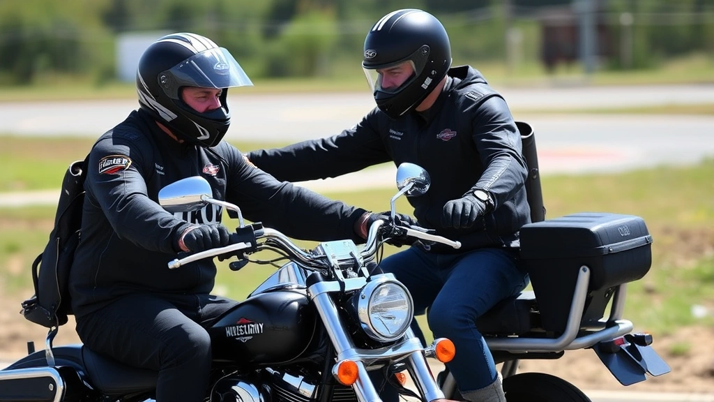 Experienced motorcycle instructor in protective gear demonstrating proper body positioning on a Harley cruiser motorcycle during hands-on training session on closed course, natural daylight, professional training environment