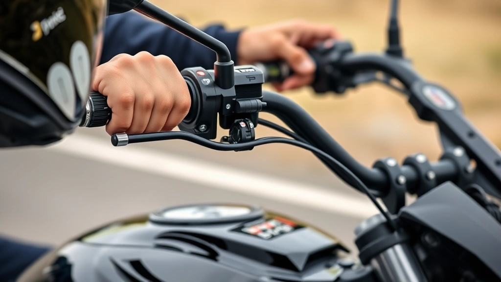 Close-up of a student motorcyclist's hands gripping handlebars correctly while practicing smooth throttle control during a beginner-level training course on an open practice area
