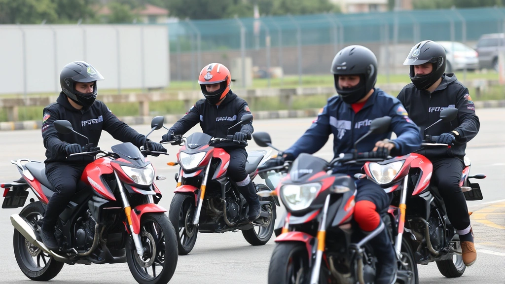 Group of adult learners wearing helmets and protective equipment practicing low-speed maneuvers on training motorcycles in controlled course area, instructor observing, focused concentration on technique development