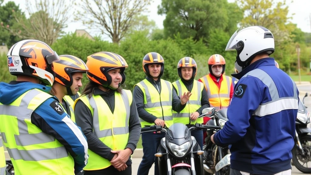 Group of diverse motorcycle students in safety gear standing attentively while an instructor explains hazard recognition and road awareness concepts in an outdoor training setting