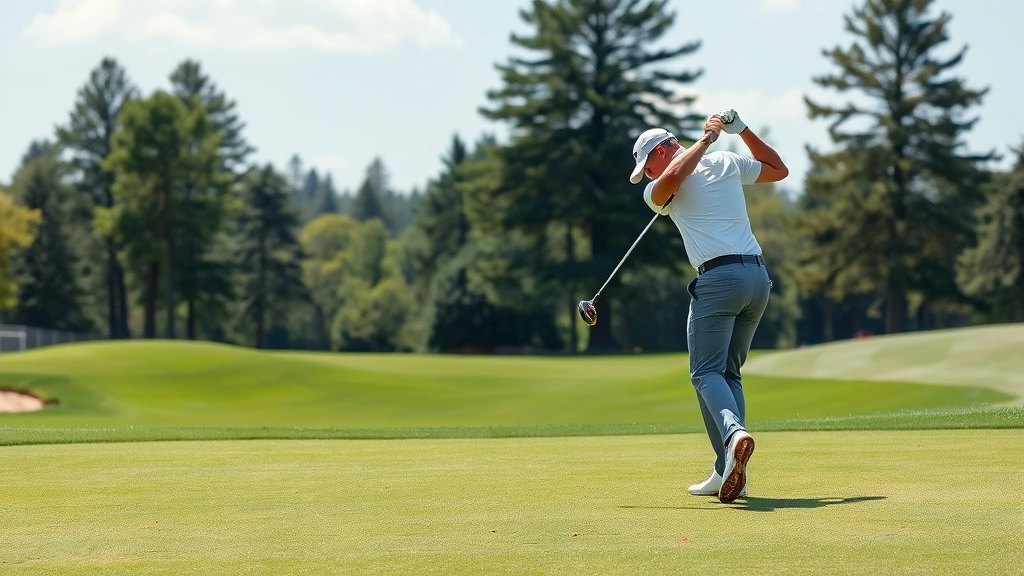 Professional golfer executing a precise iron shot on a well-maintained fairway with natural elevation changes, demonstrating proper form and concentration during competitive play