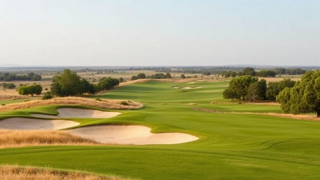 Golf course landscape showing rolling terrain with sand bunkers, native trees, green fairway stretching to horizon, natural lighting