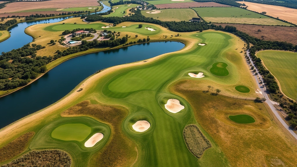 Aerial view of scenic golf course landscape showing strategic bunker placement, water hazards, and varied terrain with manicured greens and fairways under natural daylight