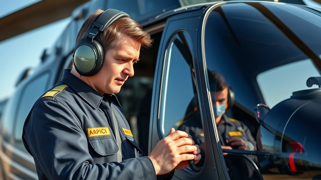 Professional helicopter pilot in flight suit conducting pre-flight inspection of Robinson helicopter exterior, checking rotor blades and aircraft condition with focused attention to detail