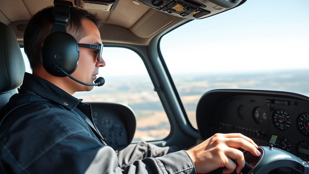 Professional helicopter pilot in cockpit wearing headset and flight suit, concentrating on controls during training flight, daylight interior cabin view with instrument panel visible