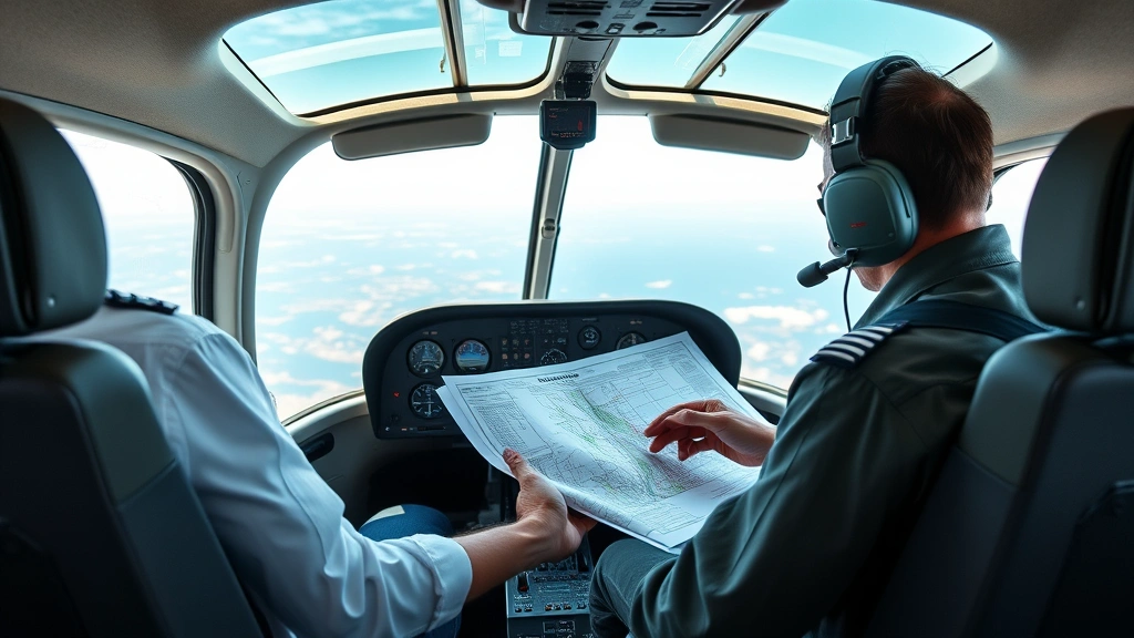 Flight instructor and student pilot reviewing flight plan and aeronautical charts before helicopter training session, both focused on navigation preparation in modern cockpit environment
