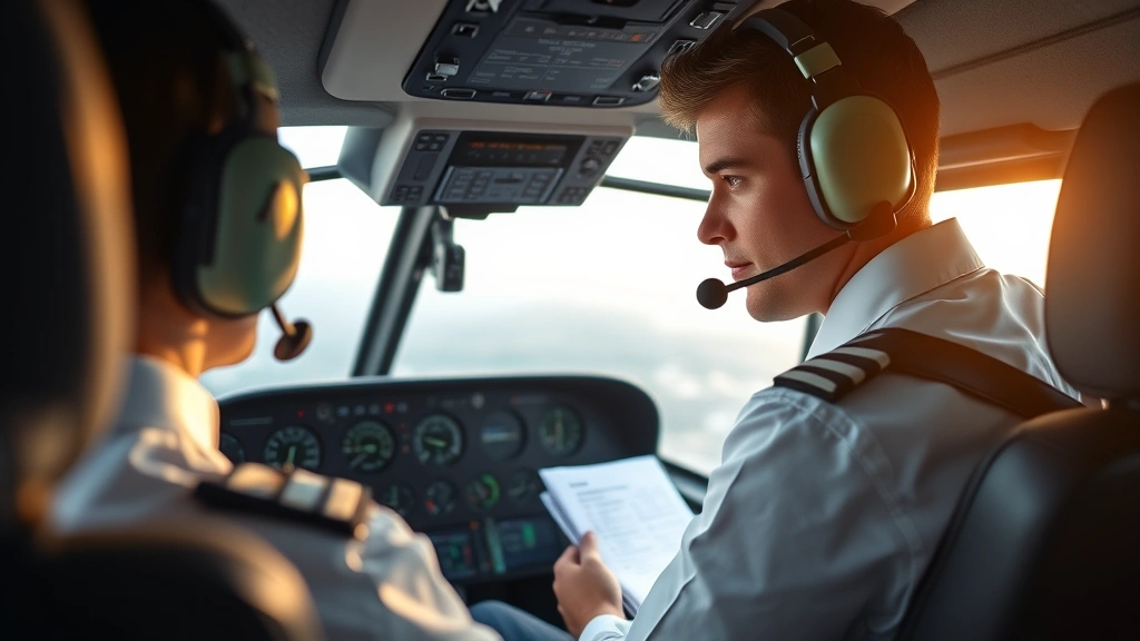 Professional helicopter pilot in modern cockpit performing pre-flight checklist with detailed instrument panel visible, demonstrating professionalism and technical competence in aviation environment