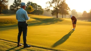 A golfer in proper attire standing respectfully at the edge of the green while another player putts, demonstrating quiet etiquette and focus, morning sunlight on manicured course