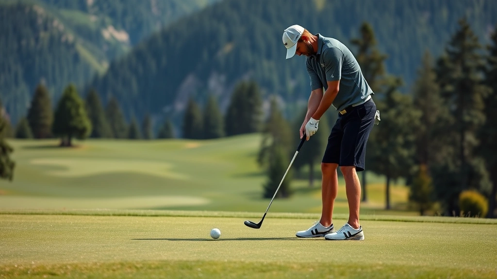 Golfer practicing short game chipping shots near the green at a mountain golf course, multiple practice balls on grass, peaceful course setting with trees, demonstrating precision chip technique, natural lighting